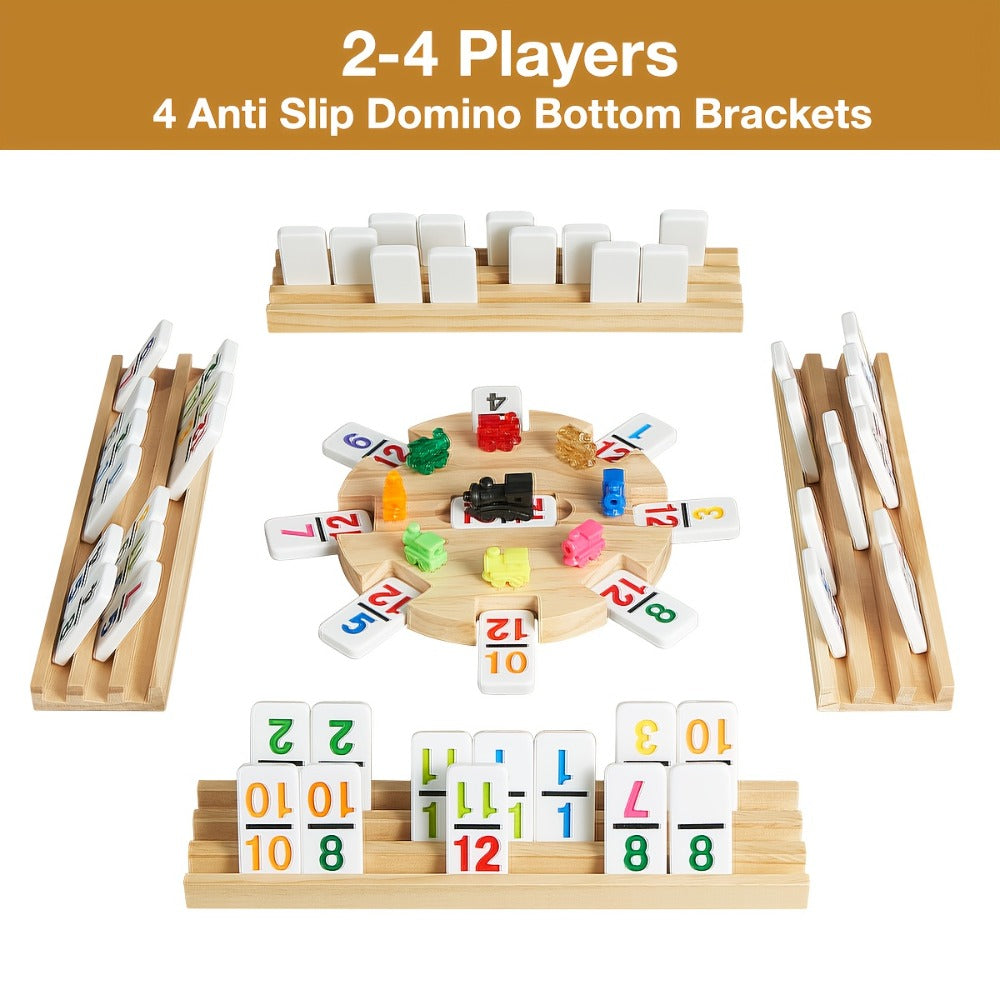 Mexican Train Dominoes Double 12 Set – 91 Colorful Tiles, 9 Metal Trains & 4 Wooden Racks, Complete Strategy Board Game with EVA Travel Case for Family Game Night, Adults & Kids, Classic Christmas & Holiday Gift