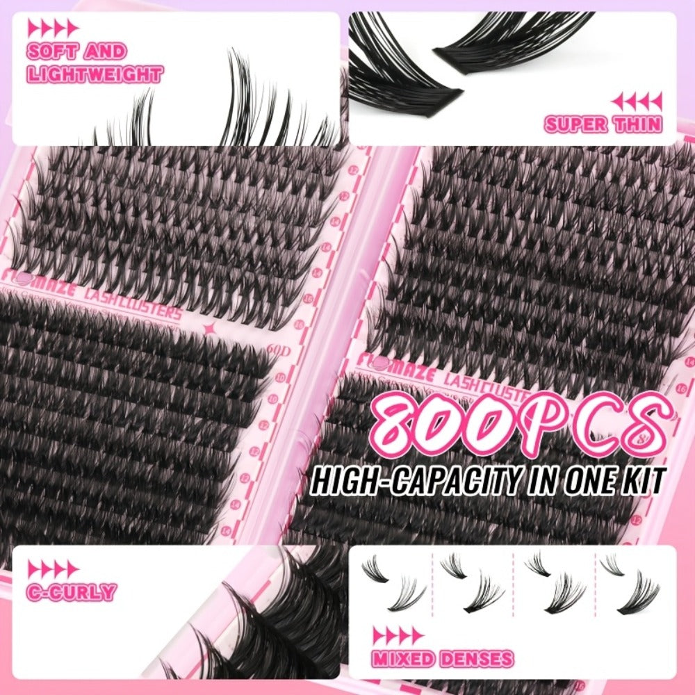800Pcs Volume Lash Clusters Kit 30D 40D 60D 80D — Wispy DIY Eyelash Extensions with Bond Seal & Applicator, Mixed Length Fluffy Cluster Lashes for Prom Party Bridal Glam & Natural Look