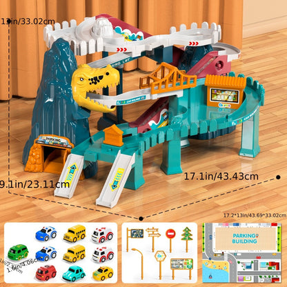 Dinosaur Race Track Toy Set for Kids with 10 Mini Cars & Ramp Launcher – Multi-Level Dino Car Racing Playset for Boys Girls Toddlers Ages 3-8 Birthday Christmas Gift