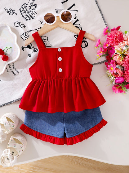 Baby Girl Denim Outfit Set - Sleeveless Summer