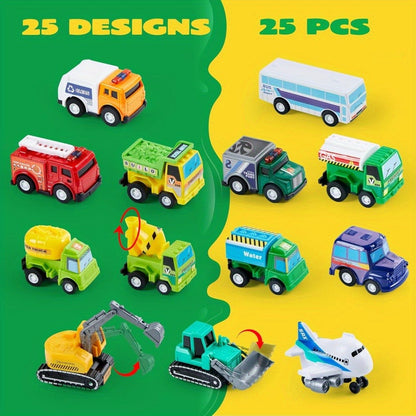 25PCS Pull Back Cars & Trucks Toy Vehicle Set for Kids – Fire Truck, Police Car, School Bus & More, Party Favors, Easter Basket Stuffers, Birthday Christmas Gift for Boys & Girls