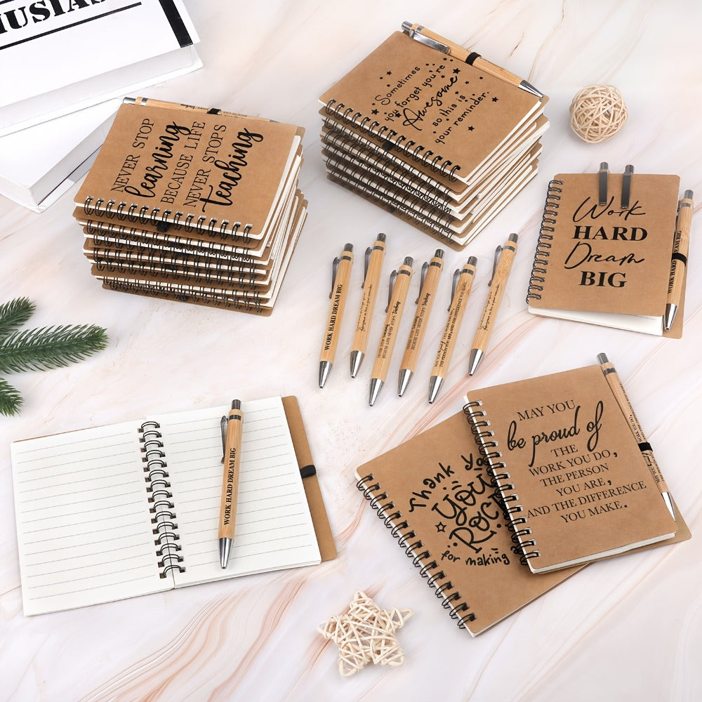 Spiral Notebooks with Retractable Bamboo Pens Bulk Gift Set – 30 Pack Inspirational Journals Thank You Gifts for Teachers Employees Back to School Encouragement Notepad