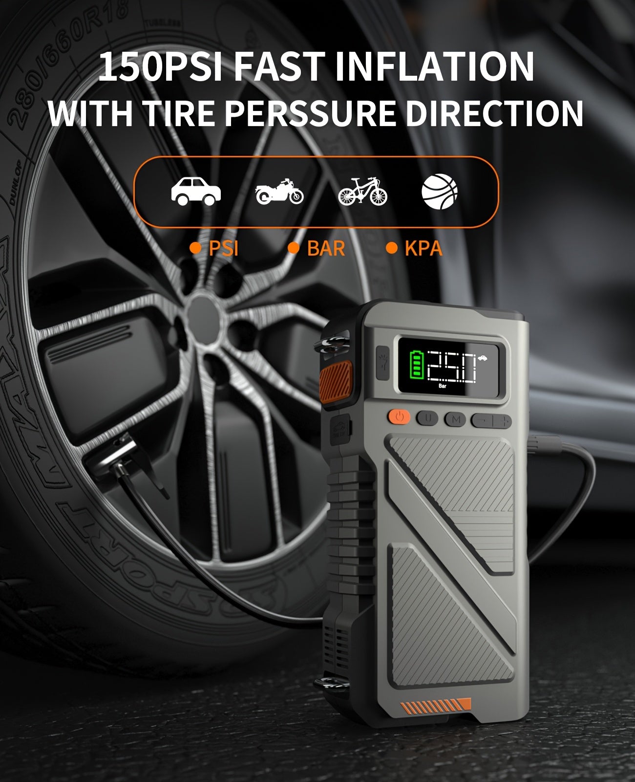 6000A/8000A Jump Starter with 150PSI Air Compressor – 7-in-1 Jump Box with Digital Tire Inflator, Portable Car Battery Charger for 12V Vehicles Up to 2.64gal Gas / 2.38gal Diesel, LED Light & USB Output