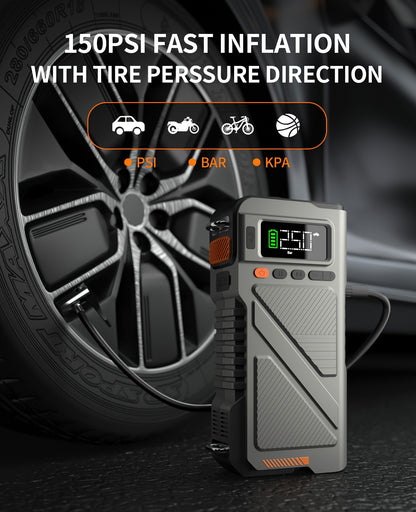 6000A/8000A Jump Starter with 150PSI Air Compressor – 7-in-1 Jump Box with Digital Tire Inflator, Portable Car Battery Charger for 12V Vehicles Up to 2.64gal Gas / 2.38gal Diesel, LED Light & USB Output