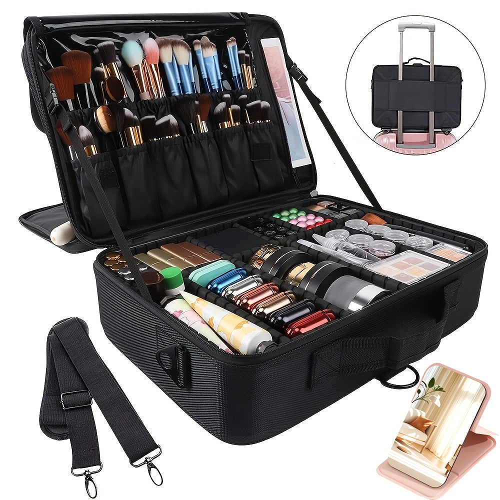 Professional Makeup Train Case 3-Layer 15.8 Inch Large Cosmetic Organizer with Adjustable Dividers Brush Holder Shoulder Strap for Makeup Artist Travel Studio Black