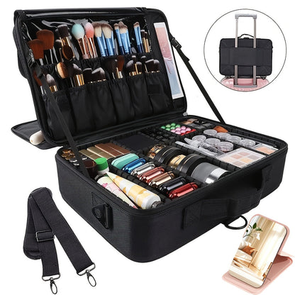 Professional Makeup Train Case 3-Layer 15.8 Inch Large Cosmetic Organizer with Adjustable Dividers Brush Holder Shoulder Strap for Makeup Artist Travel Studio Black