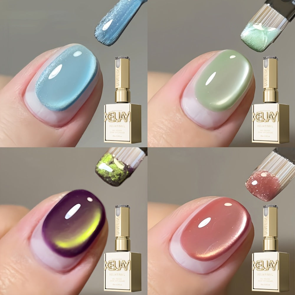Reflective Holographic Cat Eye Gel Polish Set 4 Colors Shimmering Magnetic Soak-Off LED UV Nail Art Kit with Photo Frame Bottle for Salon DIY Manicure Women 0.51oz Each