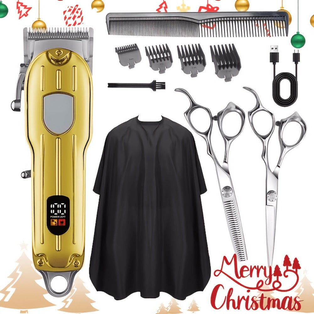 Barber Hair Clipper Kit for Men — USB Rechargeable Digital Size Adjustment, Complete Set with Scissors & 4 Limit Combs, Professional Home Barbering Grooming Set, Gift for Dad & Husband