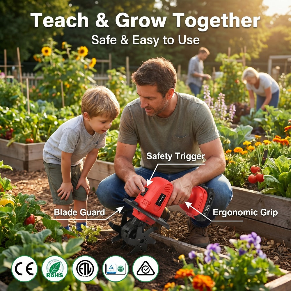 Cordless Electric Cultivator 20V Lightweight Handheld Rotary Tiller – 9-Inch Width 6.6-Inch Depth, 1 or 2 Batteries & Charger, Garden Soil Tiller for Courtyard Farmland Vegetable Garden Raised Bed