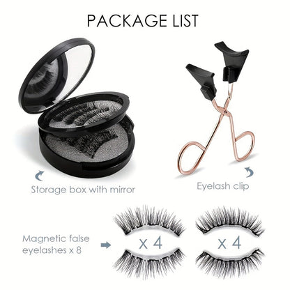 8-Pair Glue-Free Dual Magnetic False Eyelashes 3D Reusable Set — No Eyeliner Needed, Waterproof, Includes Applicator Clip, Natural Look for Daily Wear & Special Occasions