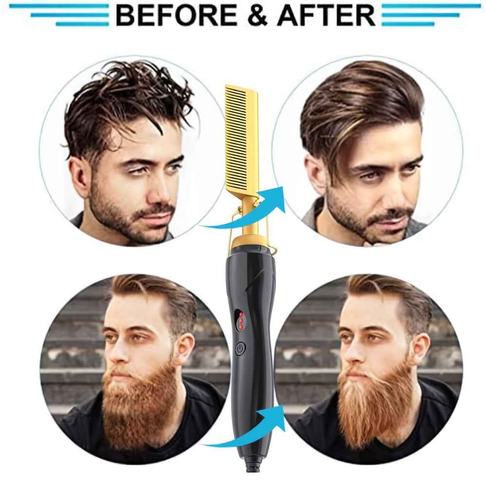 Hot Comb Hair Straightener 2-in-1 Ceramic Heated Brush — Anti-Burn Electric Pressing Comb for Natural Hair & Beard, Portable Curling Iron for Home & Travel, Gold