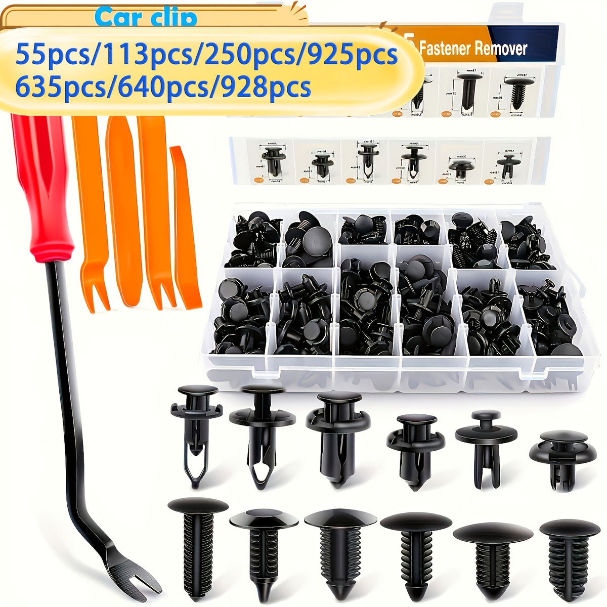 55pcs, 113pcs, 250pcs, 925pcs, 635pcs, 640pcs, 928pcs Bumper Retainer Clips, Car Plastic Rivets Fasteners Remover Push Retainer Kit