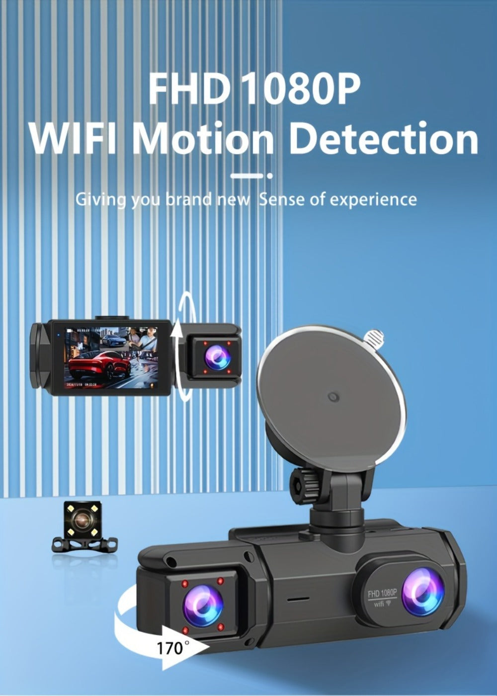 Dash Cam 3-Channel Front Inside Rear – 1080P 170° Wide Angle WiFi Night Vision Loop Recording G-Sensor with 2" IPS Screen & 32GB Card