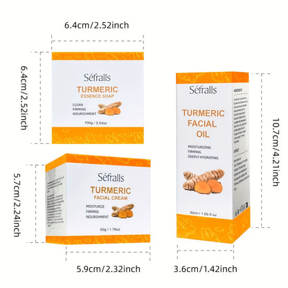 Turmeric Skincare Set 3 Pcs - Turmeric Face Cream, Facial Soap & Essential Oil Kit for Deep Pore Cleansing, Brightening & Moisturizing, Oil Control Skin Care Gift Set for Women & Men