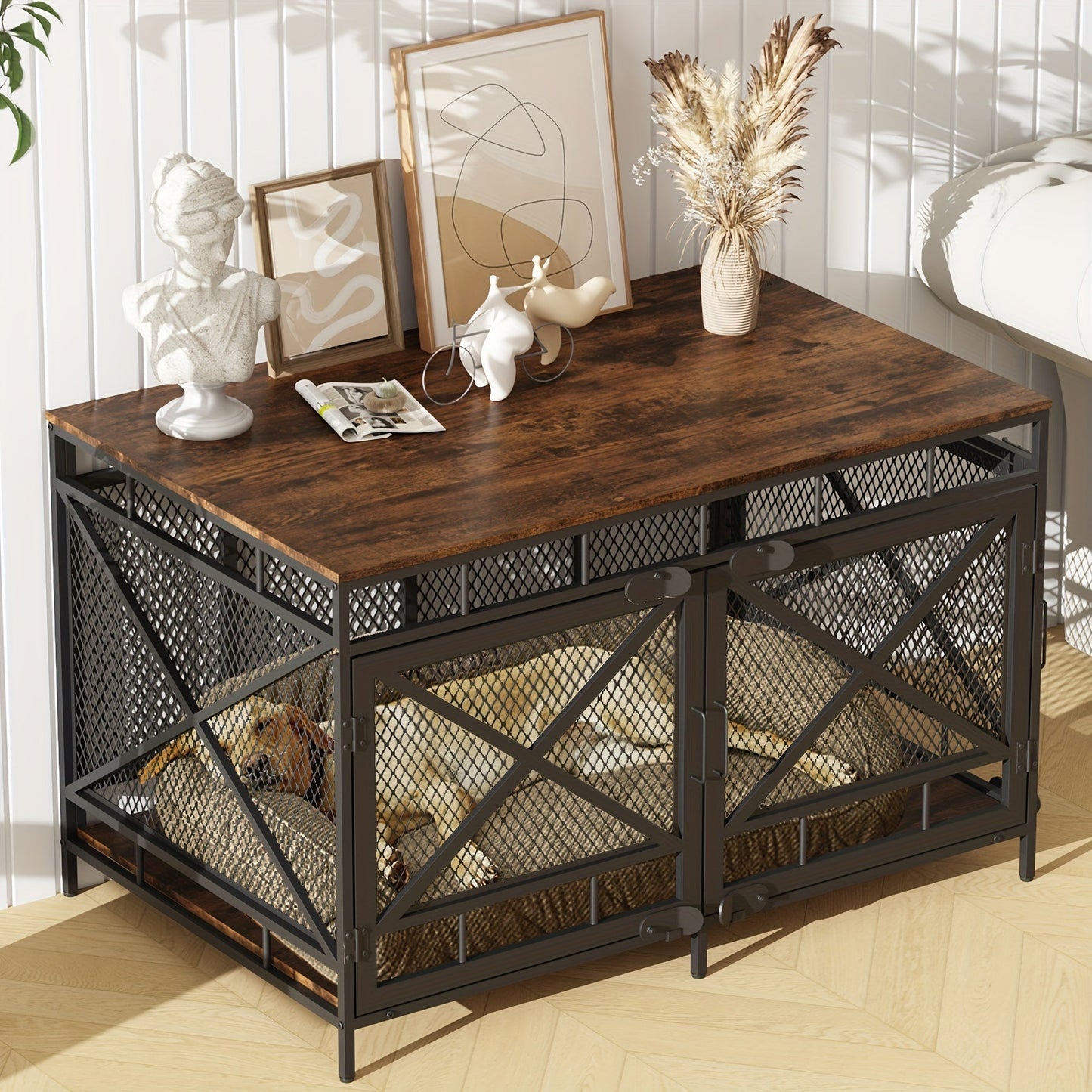 Dog Crate Furniture 43 Inch Corner Indoor Kennel, Heavy Duty Engineered Wood Dog Cage with Side Door for Large Medium Breeds, Vintage Style Pet Crate End Table
