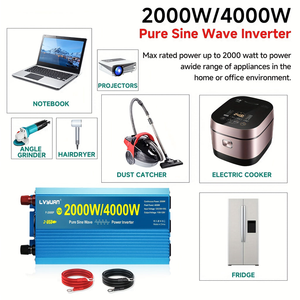 LVYUAN Car Power Inverter 2000W(Peak)1000W 12V to 110V DC to AC with 4 US Sockets, LCD Display, USB Ports for Car, Home, Outdoor, Camping Red