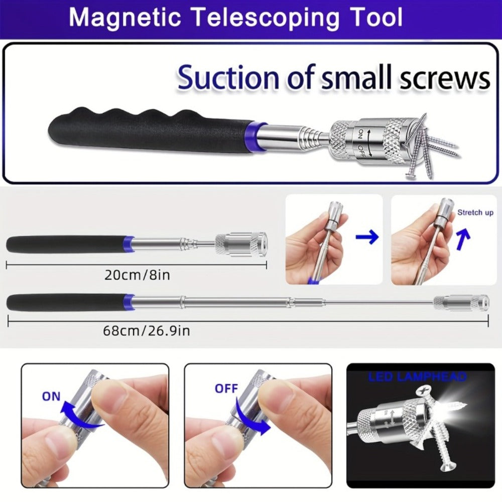 Auto Trim Removal Tool Kit 17pcs with Pry Tools Picks Metal Scraper Magnetic Telescopic Pickup Non-Slip Clips for Car Door Panel Dash Interior Bicycle Maintenance
