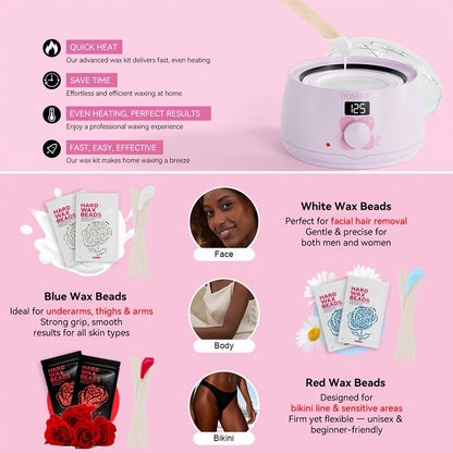 Wax Hair Removal Kit Digital Wax Pot with 6 Wax Bead Packets — Smart Temperature Control Salon-Grade Waxing Set for Body Bikini Face Legs Underarms, At-Home Waxing for Women & Men, Purple & White