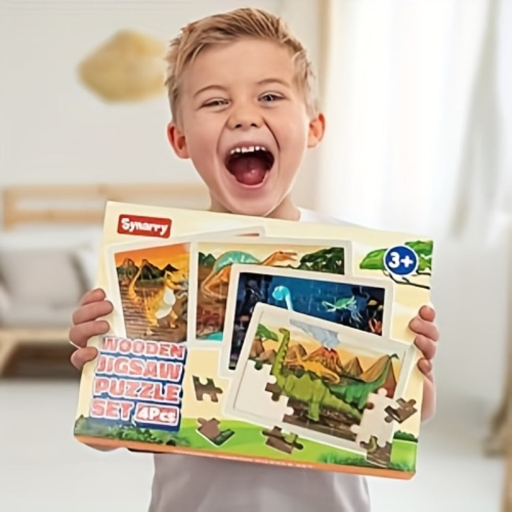 Dinosaur Puzzle Set for Kids Ages 3-8 Wooden 4-in-1 Jigsaw with 24 Pieces Each – Colorful Preschool Educational Toy for Boys & Girls, Fun Birthday Christmas Easter Gift for Toddlers & Children