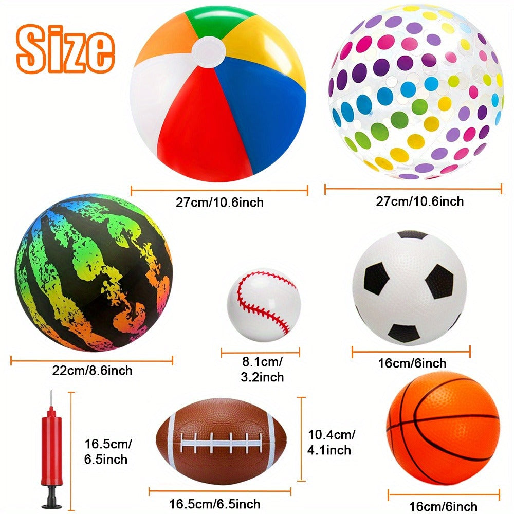 Kids Playground Ball Set 7-Pack with Air Pump – 10.6 Inch Outdoor Ball Plus 6-Inch Basketball Football Rugby, Active Play Toy for Home Yard Pool Classroom Park, Birthday Party Gift for Children Ages 4+