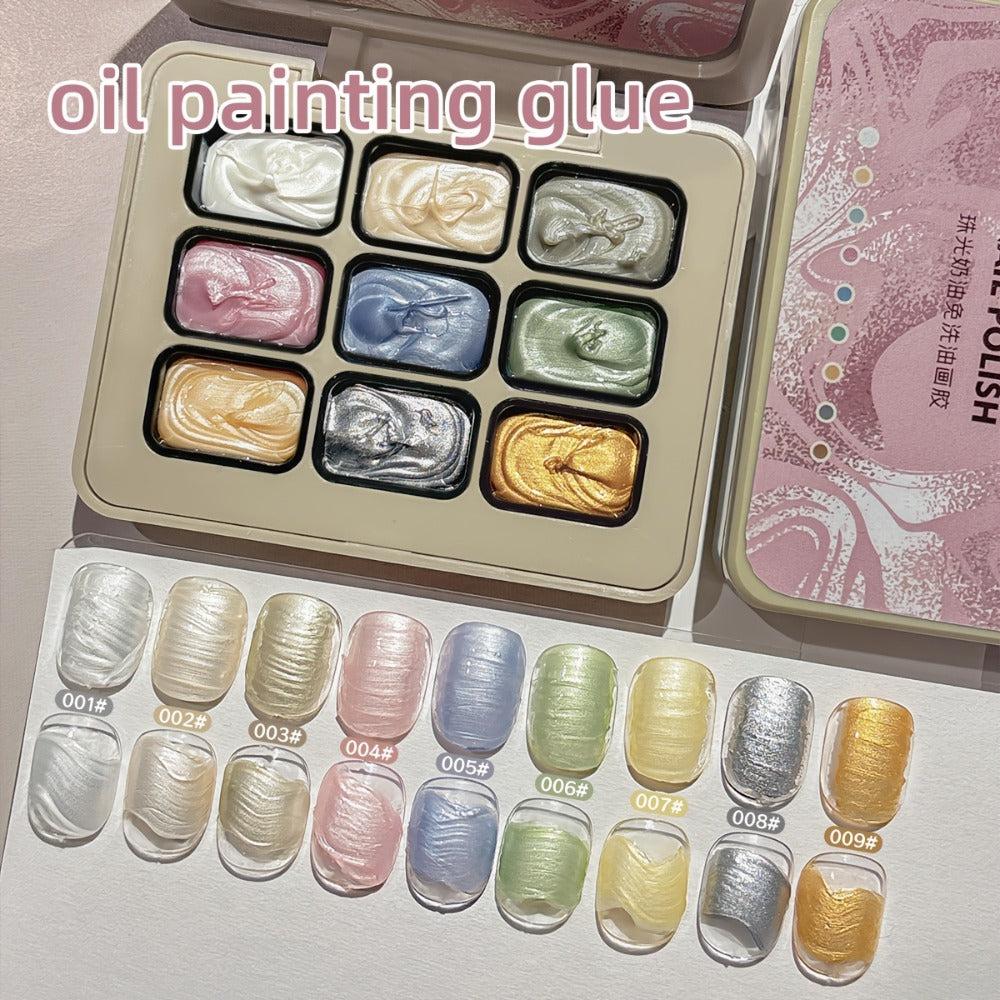Pearlescent Nail Gel 9-Grid Shell Shimmer Mother of Pearl Cream Oil Painting Gel Polish Set – Multicolor Glitter Iridescent Spiral Design for Salon & DIY Nail Art, Gift for Women & Girls