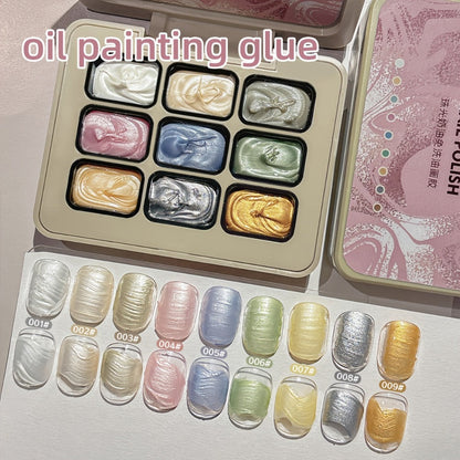 Pearlescent Nail Gel 9-Grid Shell Shimmer Mother of Pearl Cream Oil Painting Gel Polish Set – Multicolor Glitter Iridescent Spiral Design for Salon & DIY Nail Art, Gift for Women & Girls
