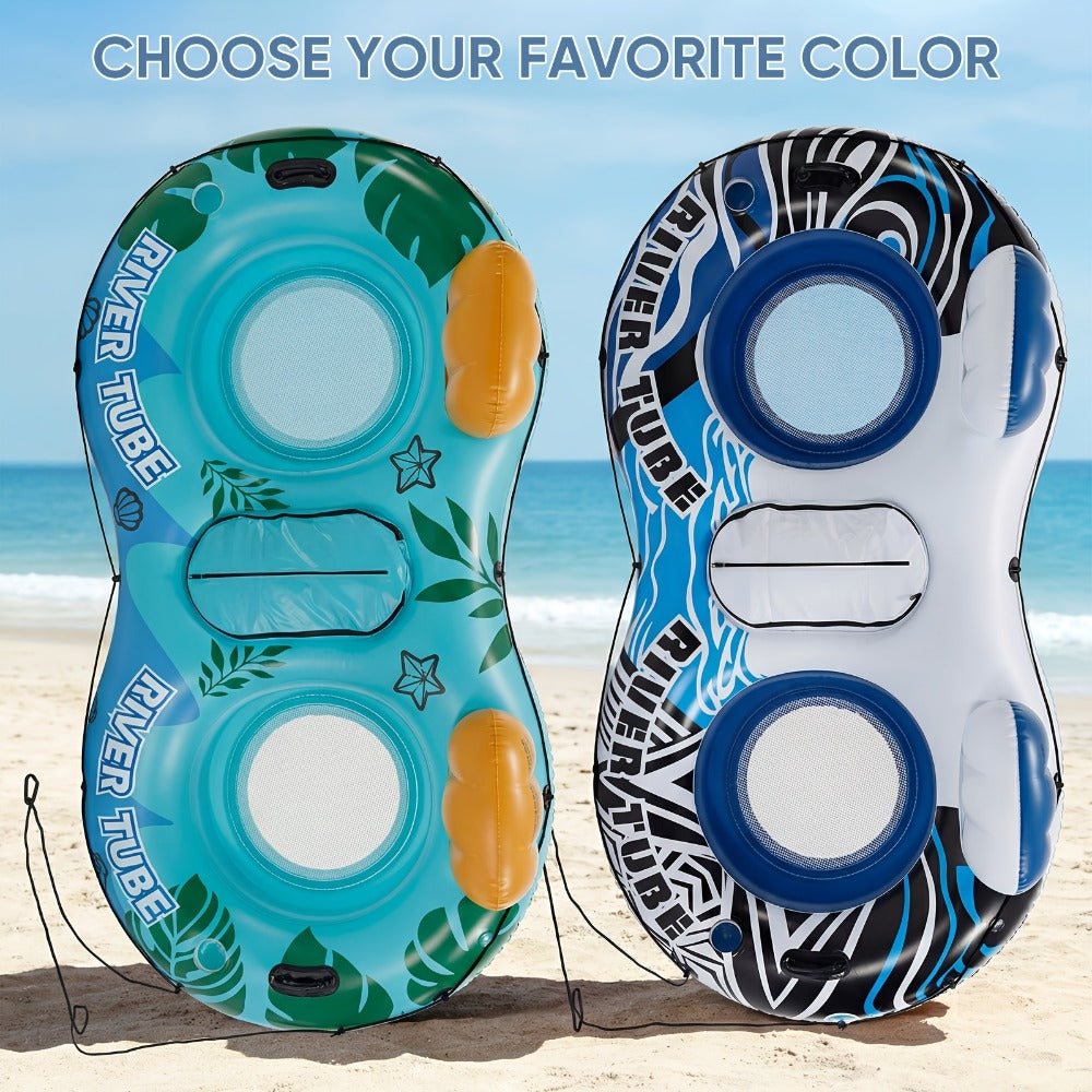 2 Person Inflatable Pool Float Bed with Detachable Cooler & 2 Cup Holders – Heavy Duty Double Adult Lounge Raft for Swimming Pool River Lake Drifting Summer Couples Gift