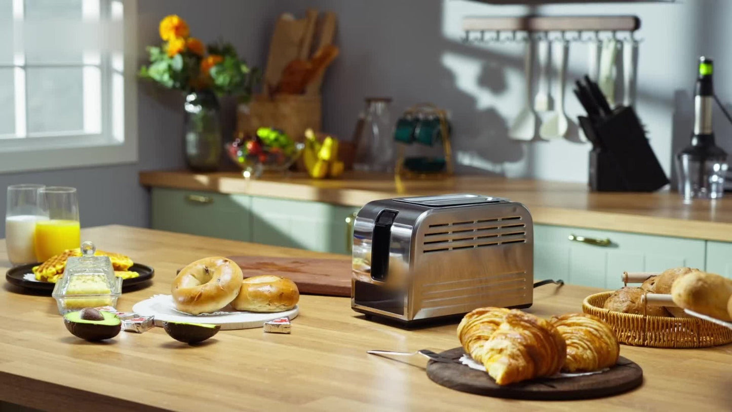 Toaster 2-Slice Stainless Steel Smart Touchscreen – 5 Bread Types, 6 Browning Levels, Wide Slots, Temperature Control, Removable Crumb Tray, Compact Kitchen Toaster
