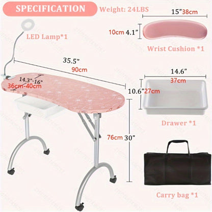 Foldable Nail Table with LED Lamp Drawer Lockable Wheels Wrist Cushion & Carrying Bag – Portable Manicure Station for Nail Salon Technician Home Studio White
