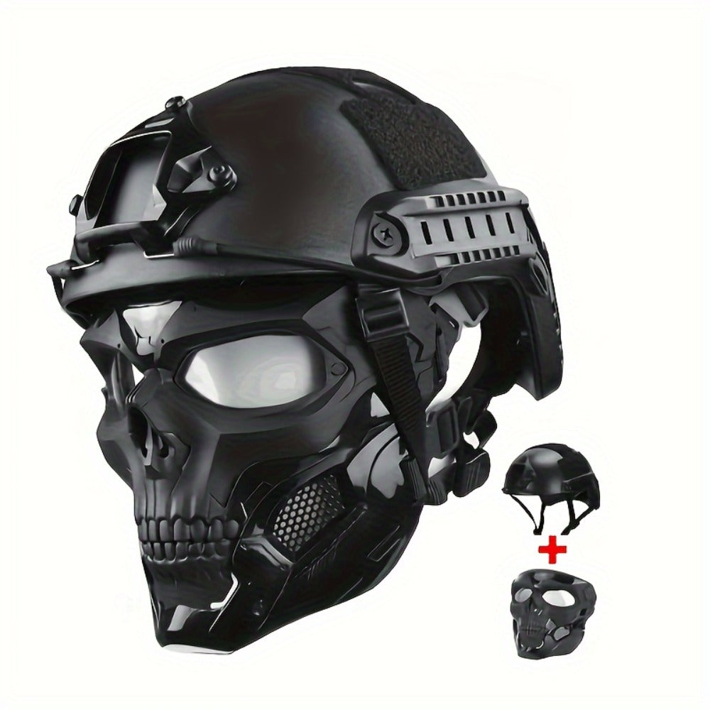 FAST Tactical Helmet & Skull Mask Set ABS Adjustable Knob for CS Paintball Airsoft – Cosplay Halloween Rave Party Photo Prop Bar Club Music Festival Gift, Black