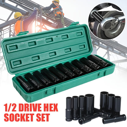 10-20pcs 1/2 "drive Metric Deep Impact Socket Set, Cr-V Steel Metric Tool Set 8mm-32mm, Chrome Vanadium Steel Electric Wrench Extended Hexagonal Socket Set, Universal Combined Socket Head, Automobile Maintenance Tool Set.