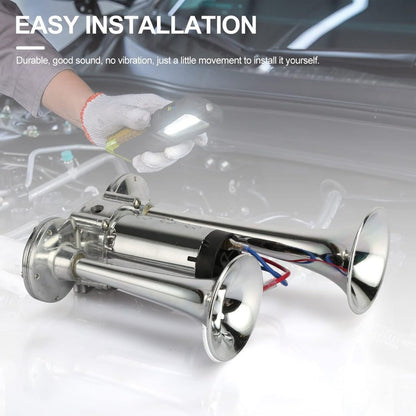 Dual Trumpet Air Horn Kit 12V 110dB – Super Loud Electric Horn with Compressor, Chrome Zinc-Alloy, Universal Fit for Car Truck SUV Boat Train Van Motorcycle Off-Road