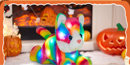 Glowing Rainbow Cat Stuffed Animal Plush Toy — Colorful LED Light Up Musical Soft Plush Kitten Doll for Kids Girls Boys | Birthday Christmas New Year Party Gift | Room & Party Decor
