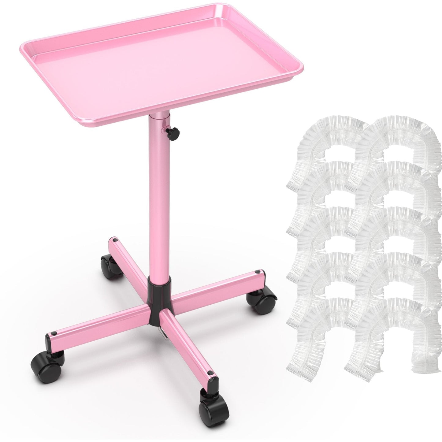 Salon Rolling Trolley Cart Adjustable Height with 10 Disposable Covers Mobile Utility Tray for Spa Tattoo Hairstylist Nail Salon Fits Trays up to 27.5 Inch Gold Pink