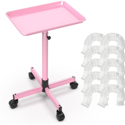 Salon Rolling Trolley Cart Adjustable Height with 10 Disposable Covers Mobile Utility Tray for Spa Tattoo Hairstylist Nail Salon Fits Trays up to 27.5 Inch Gold Pink