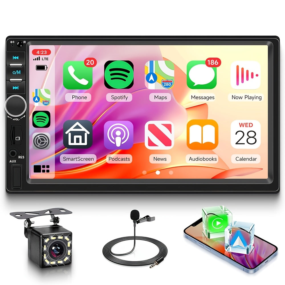 7" Double Din Car Stereo with Bluetooth 5.0, Touchscreen Universal Car Multimedia Player with Wired CarPlay & Android Auto, FM Radio, Rear View Camera Mic Support TF/USB