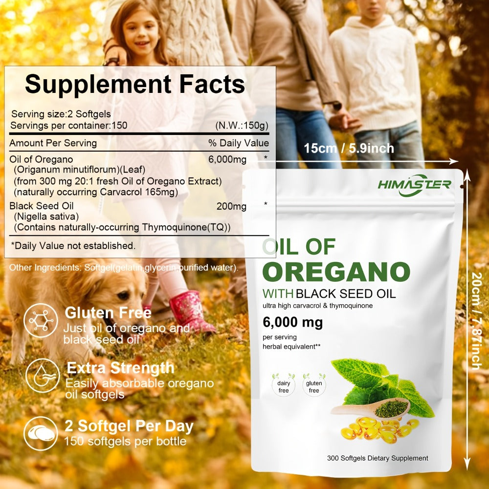 High Potency Oregano Oil Supplement 6000mg 20:1 Extract with Black Seed Oil – 2-in-1 Antioxidant & Immune Support Formula – Carvacrol & Thymoquinone – Plant-Based Herbal Softgels – 300 Count Per Bag