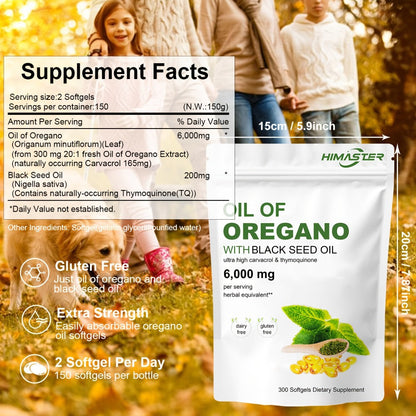 High Potency Oregano Oil Supplement 6000mg 20:1 Extract with Black Seed Oil – 2-in-1 Antioxidant & Immune Support Formula – Carvacrol & Thymoquinone – Plant-Based Herbal Softgels – 300 Count Per Bag
