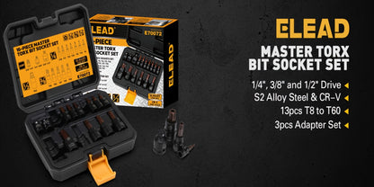 Torx Bit Socket Set 16-Piece T8-T60 | 1/4" 3/8" 1/2" Drive Star Bit Sockets with Adapters, S2 & Chrome Vanadium Steel, Professional Mechanic Tool Kit