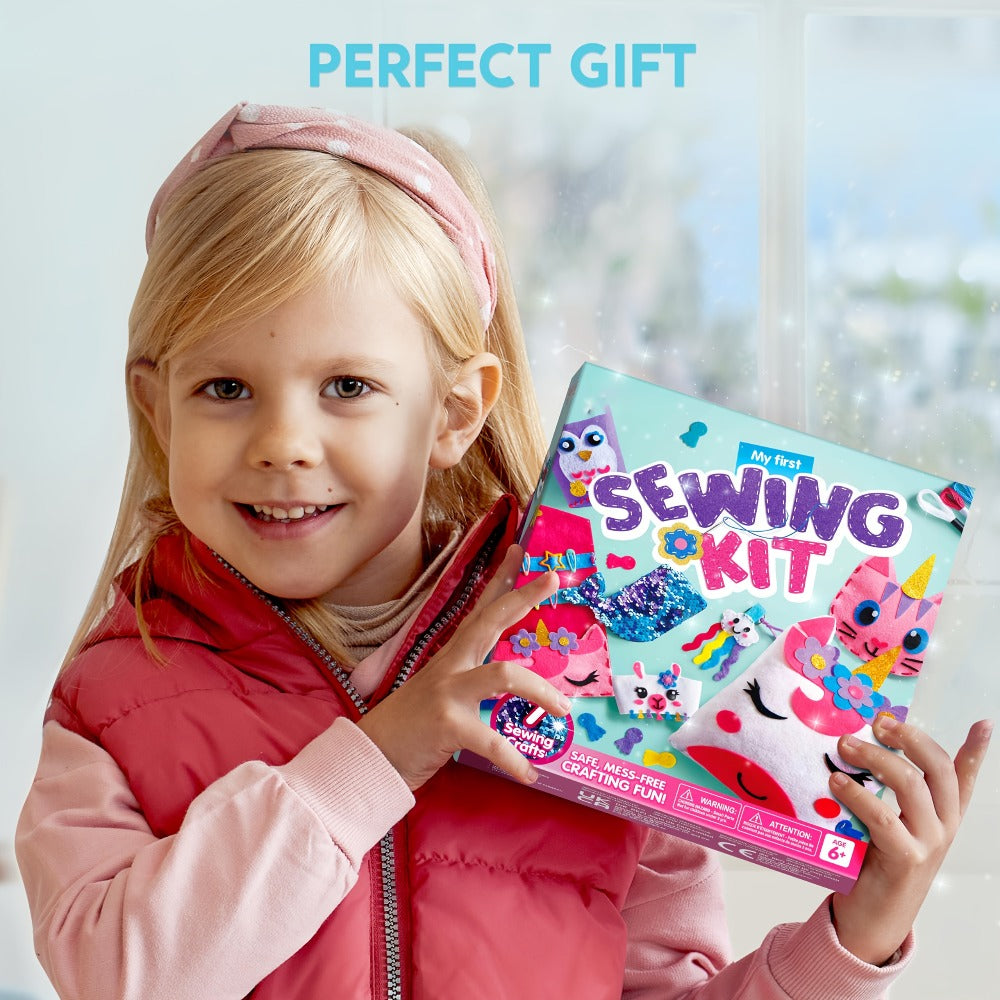 Kids Sewing Kit for Beginners 7 Felt Craft Projects – Pre-Punched Holes Safe Needles Mini Pillow Keychain Card Holder Cup Sleeve, STEM Life Skills Gift for Girls Boys Ages 6 7 8 9 10