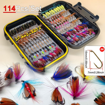 Fly Fishing Flies Kit Hand-Tied Assortment – Dry Flies, Wet Flies, Nymphs & Streamers for Trout, Bass, Salmon | Freshwater & Saltwater | 30/84/114Pcs with Fly Box for Stream, Lake & River Fishing