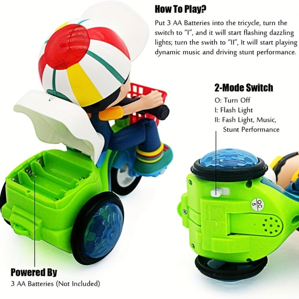 Kids Electric Tricycle Toy Motorcycle with 360° Rotation & Luminous Lights – Push & Power Dual-Mode Stunt Vehicle for Toddlers Boys Girls, Birthday Christmas Gift (Multiple Colors)