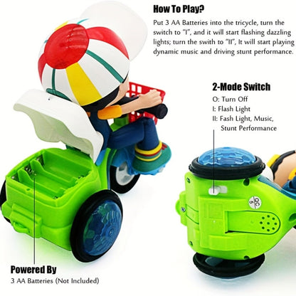 Kids Electric Tricycle Toy Motorcycle with 360° Rotation & Luminous Lights – Push & Power Dual-Mode Stunt Vehicle for Toddlers Boys Girls, Birthday Christmas Gift (Multiple Colors)