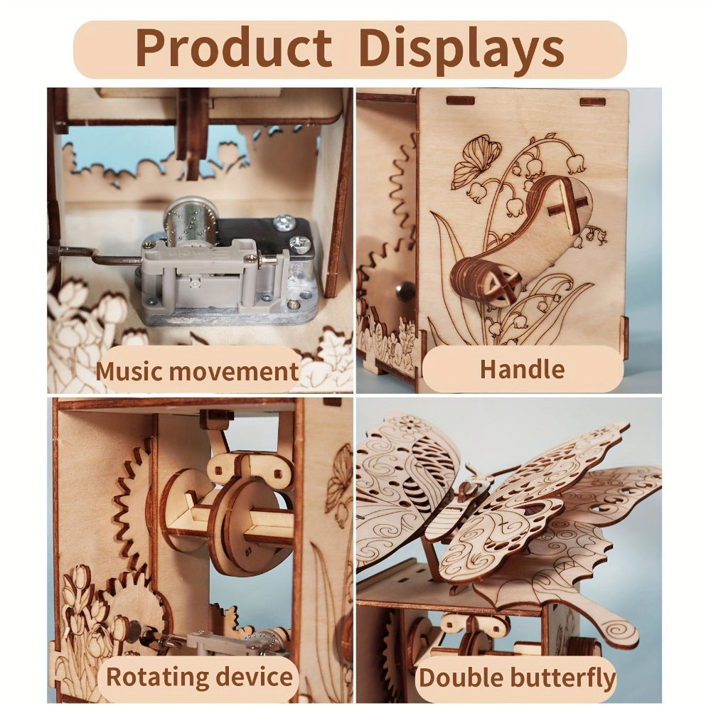 Wooden Butterfly Music Box Puzzle – "You Are My Sunshine" Handmade Assembly Model Kit, Colour Butterfly & Music Box, Romantic Birthday Valentine's Day Christmas Gift for Women Girls