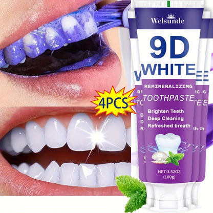 Whitening Toothpaste 4-Pack – 9D White Alcohol-Free Formula, Thorough Deep Cleaning & Brighter Smile, Refreshing Mint Breath, Gentle on Gums, Travel-Friendly 100g, Oral Care Gift for Men & Women