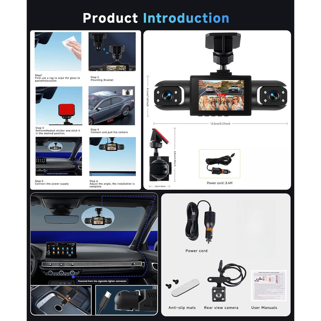 4-Channel Front/Rear/Left/Right, 2-inch IPS Screen, Dual Lens Camera Dash Cam 1080P, Suitable for Cars, Night Vision, Loop Recording, 24-Hour Parking Monitoring with G-Sensor/Motion Detection, Optional 64GB Memory Card, Vehicle Security Camera