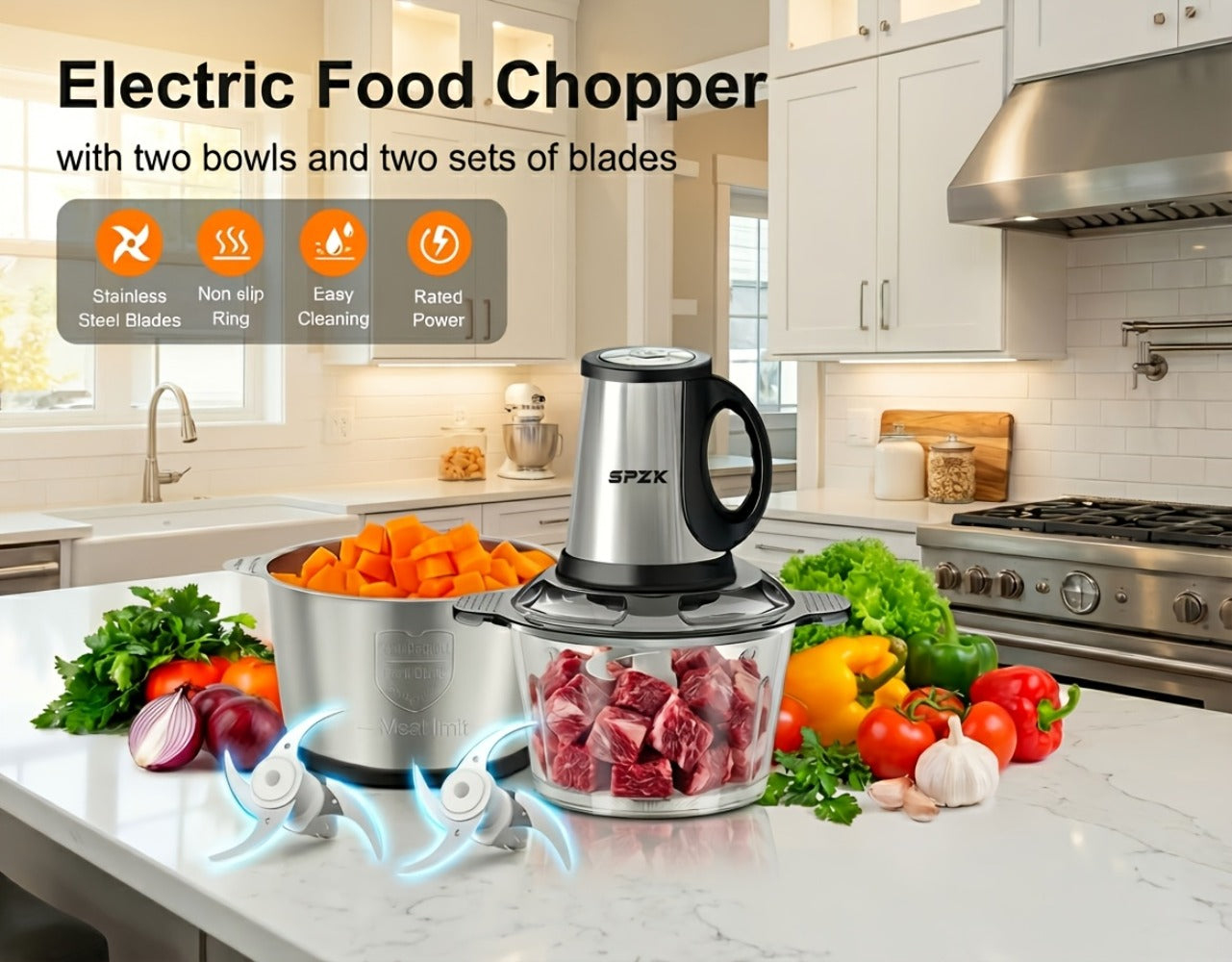 Electric Food Chopper with 2 Bowls & 2 Blades – Multi-Function Food Processor, Meat Grinder & Vegetable Chopper for Meats, Salads, Nuts, Garlic & More