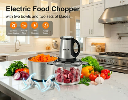 Electric Food Chopper with 2 Bowls & 2 Blades – Multi-Function Food Processor, Meat Grinder & Vegetable Chopper for Meats, Salads, Nuts, Garlic & More