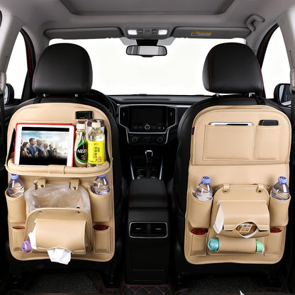 Car Back Seat Organizer with Foldable Tray – Multi-Pocket PU Hanging Storage Bag, Tissue Holder & Footrest Protector for Car Interior | Black, Beige, Brown, Grey