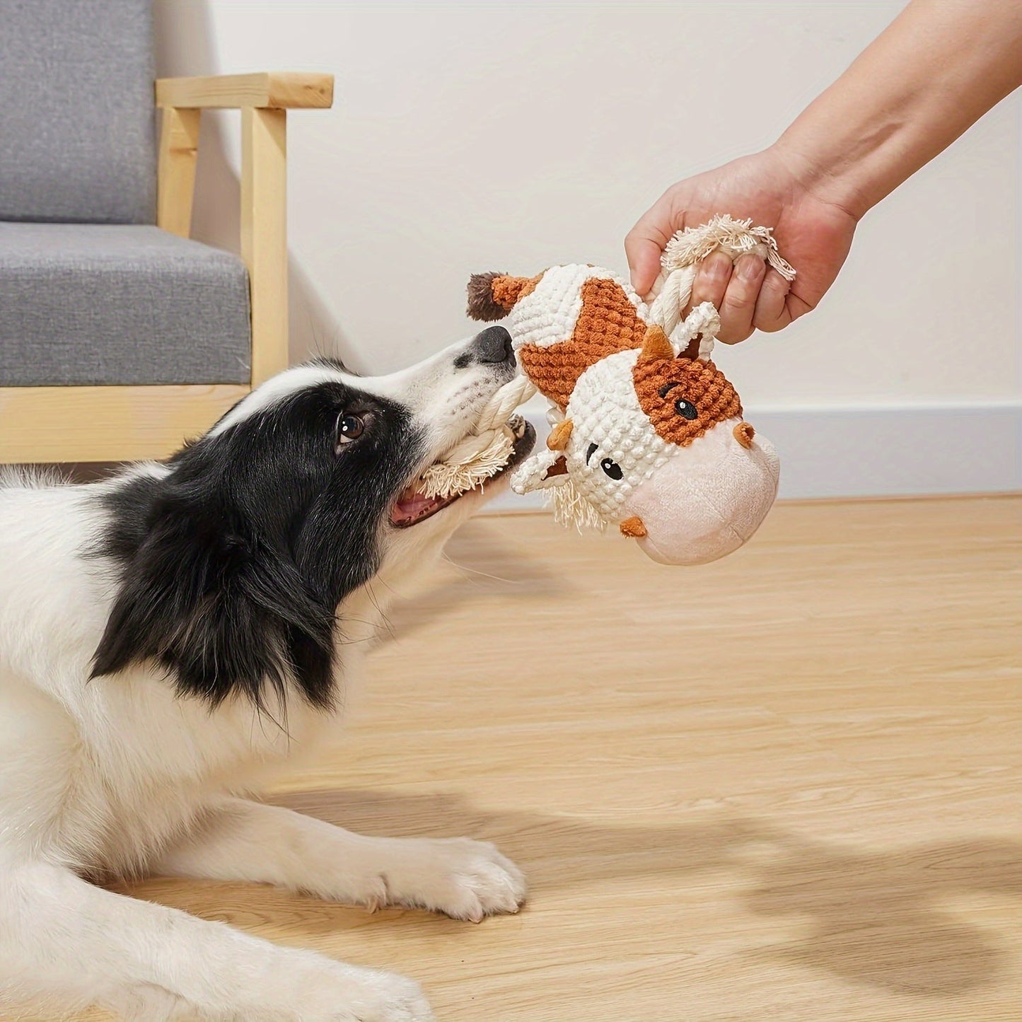Squeaky Plush Cow Dog Toy with Crinkle Paper - Interactive Tug of War Chew Toy for Small Medium Large Dogs, Cute Cattle Design Washable Pet Toy for Fetch Play & Anxiety Relief